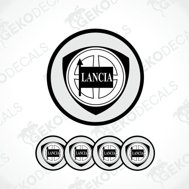 A set of four white vinyl stickers with the LANCIA brand logo and a geometric design, displayed on a white background.