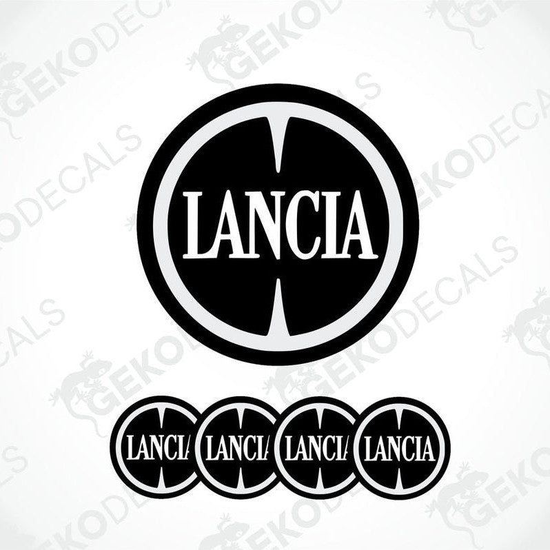 Set of four black and white vinyl decals with the LANCIA logo, three are circular and one is rectangular with a logo.