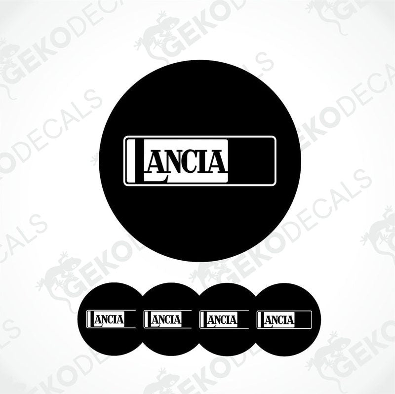 A set of four black vinyl stickers with the word 'LANCIA' printed on them, designed to be used as car decals.