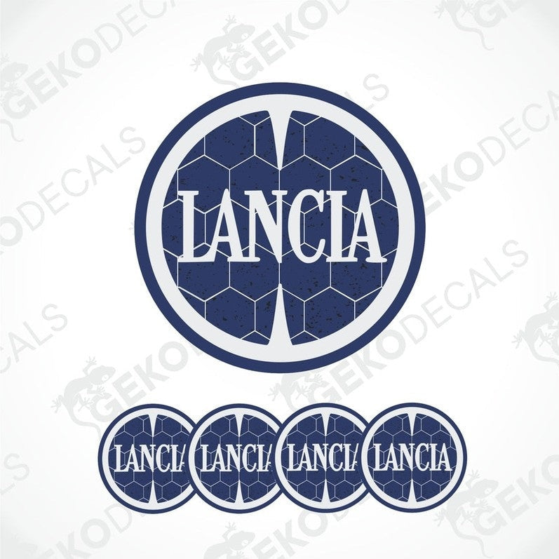 Set of four blue vinyl decals with the LANCIA logo applied on a shield shape.