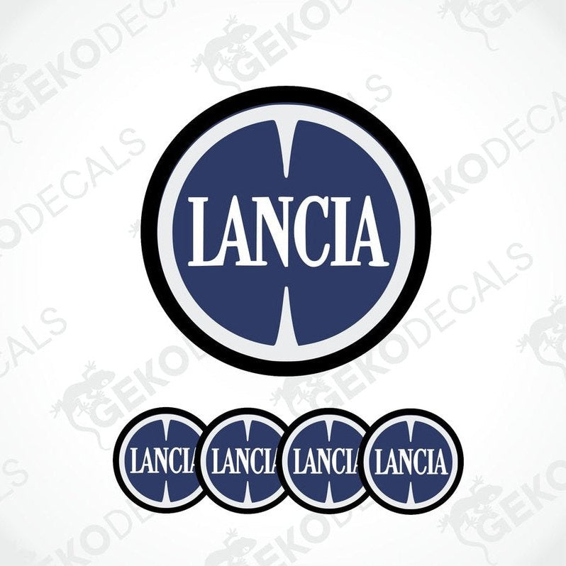Set of four blue vinyl decals with the LANCIA logo in white, displayed on a white background.