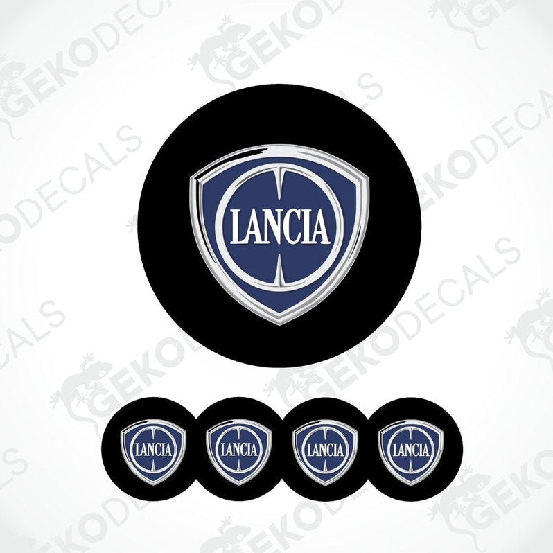 A set of four black vinyl stickers with the LANCIA brand logo in white and blue.