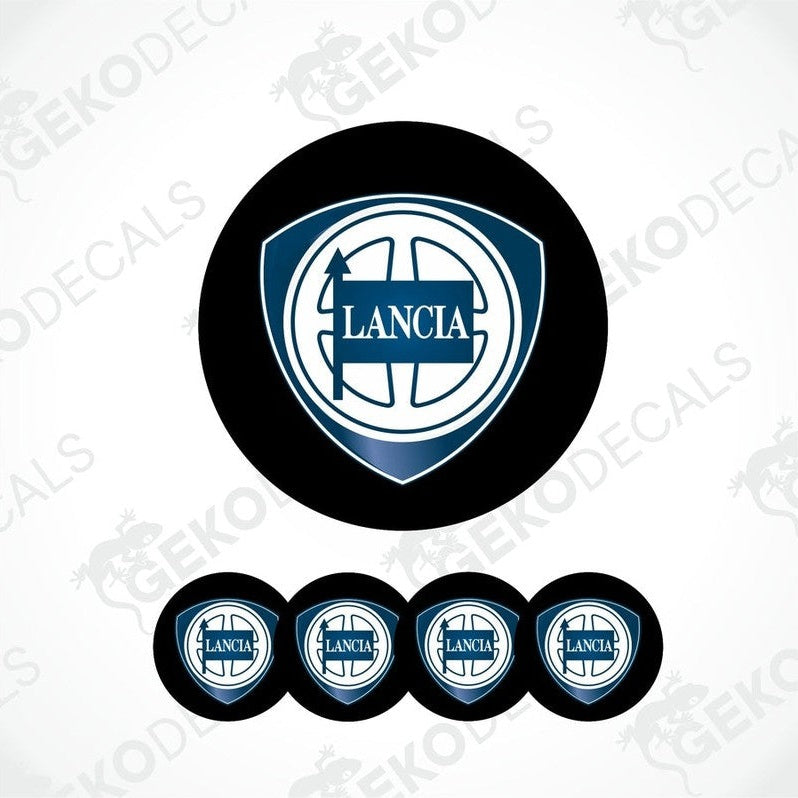 Set of four round car decals with the LANCIA logo in blue and white on a black background.