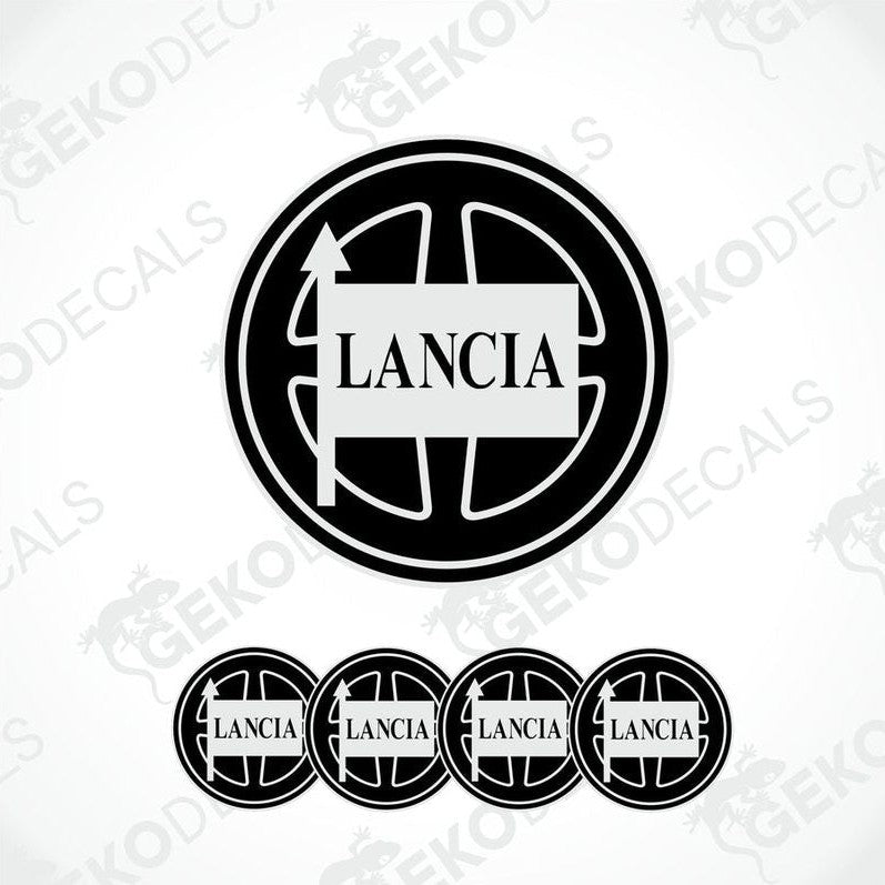 Set of four black and white vinyl decals with the LANCIA brand logo.