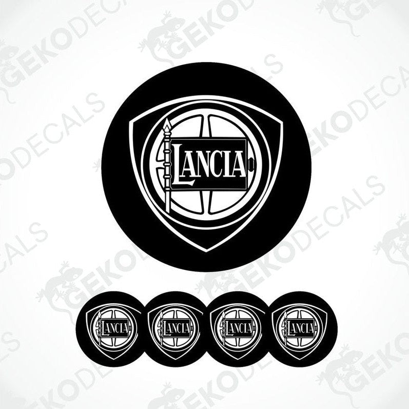 A set of four black vinyl stickers with the LANCIA brand logo, designed in the shape of a basketball.