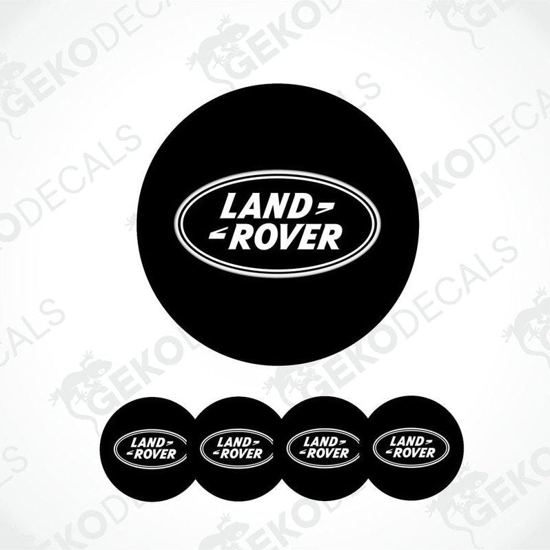 A set of four black vinyl stickers with the 'LAND ROVER' text embossed on them, displayed against a white background.