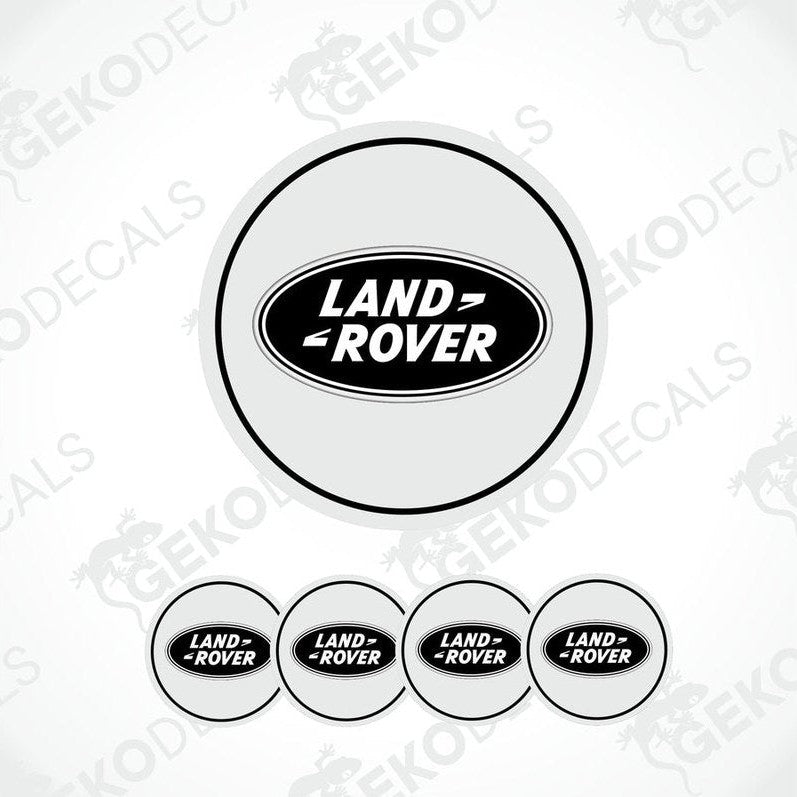 A set of four round car decals with the Land Rover logo in black on a white background.