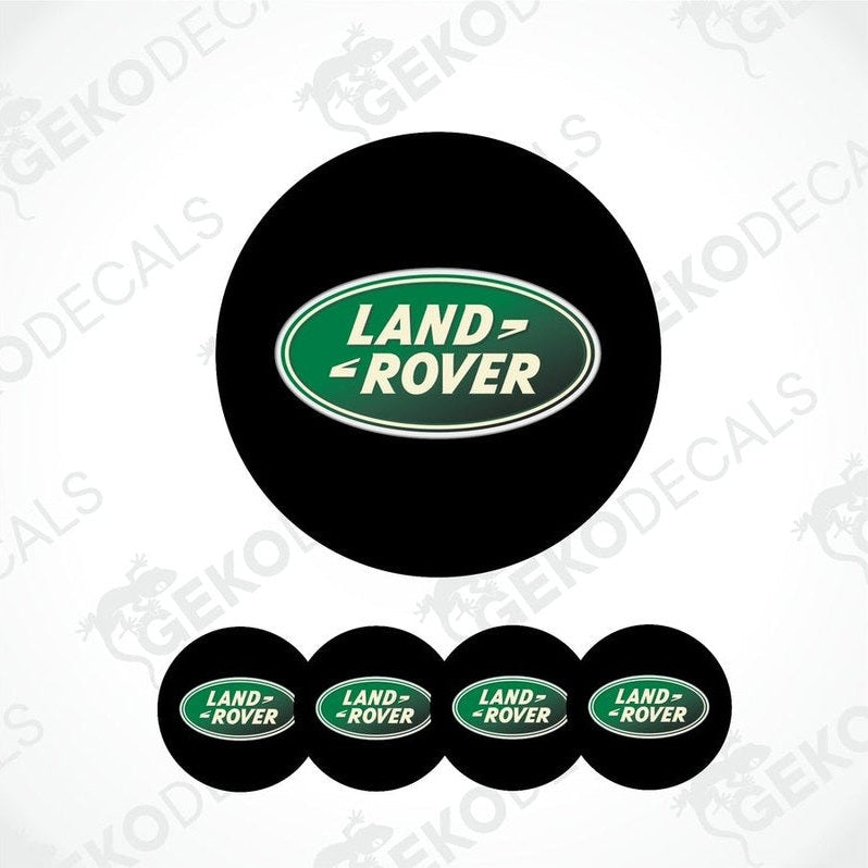 A set of four vinyl decals with polyurethane coating featuring the Land Rover logo, displayed on a white background.