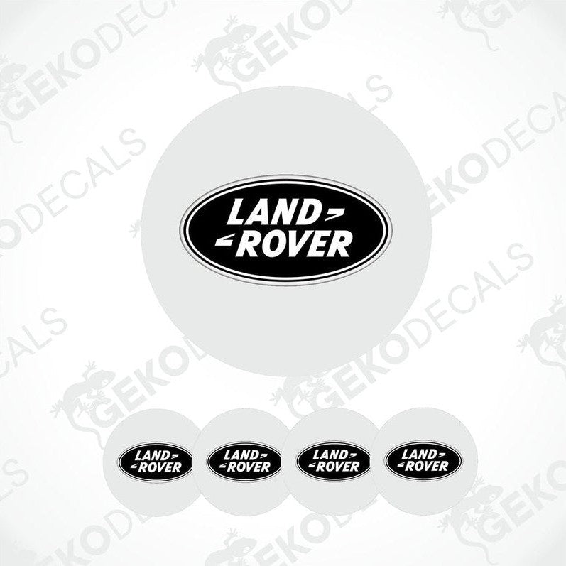 A set of four round car decals with the Land Rover logo in black on a white background.