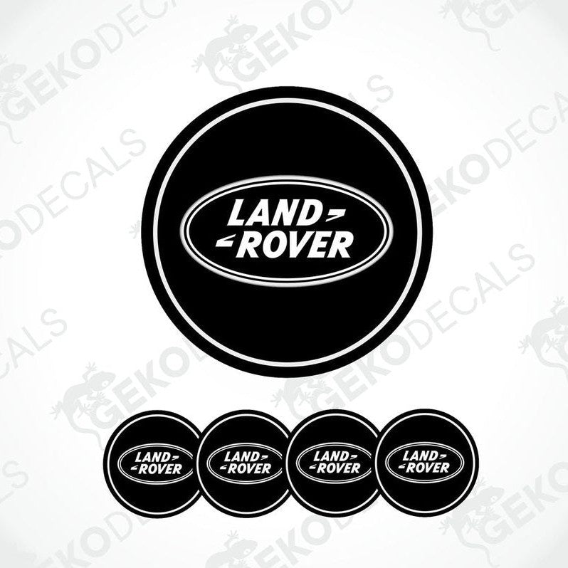 A set of four black vinyl stickers with the 'LAND ROVER' text embossed on them, displayed against a white background.