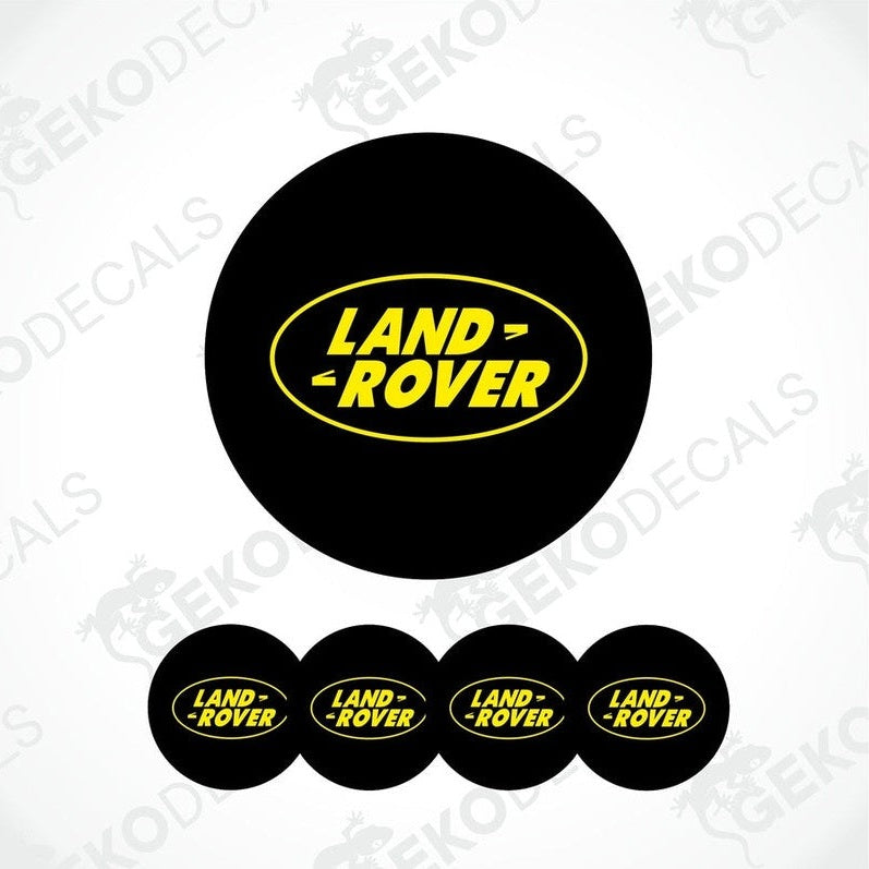 Set of four black and yellow vinyl decals with the 'LAND ROVER' logo.