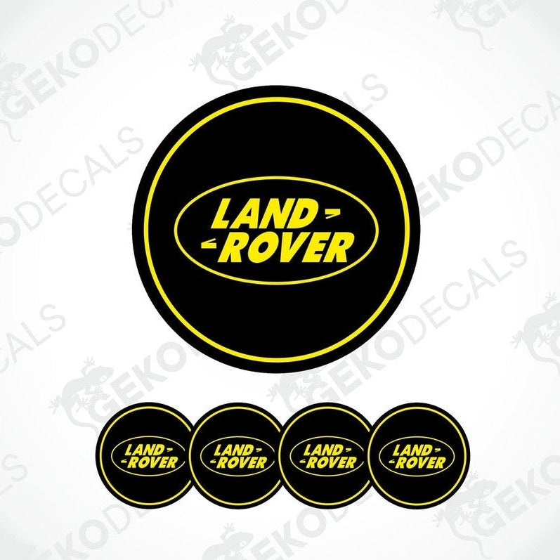 A set of black vinyl stickers with the text 'LAND ROVER' in yellow. Each sticker has a different size.