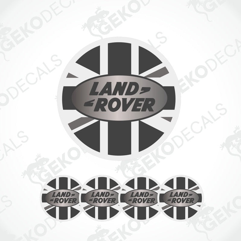 A set of vinyl decals for a car, featuring the Land Rover brand logo with a Union Jack design.