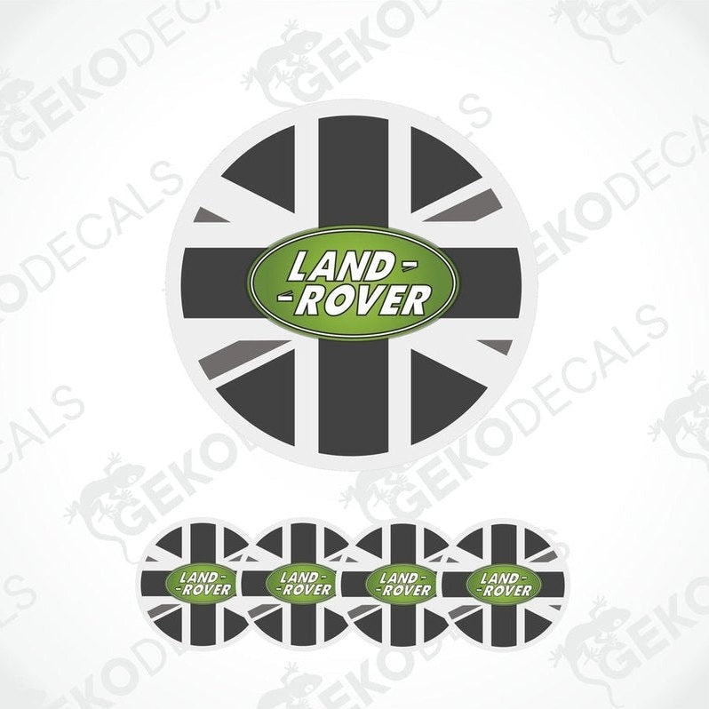 A set of vinyl decals with a Land Rover logo, featuring a Union Jack design.