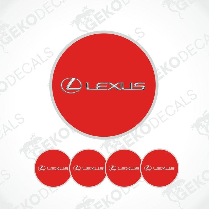 A set of red vinyl decals with the Lexus logo applied on them, typically used as car wheel caps.