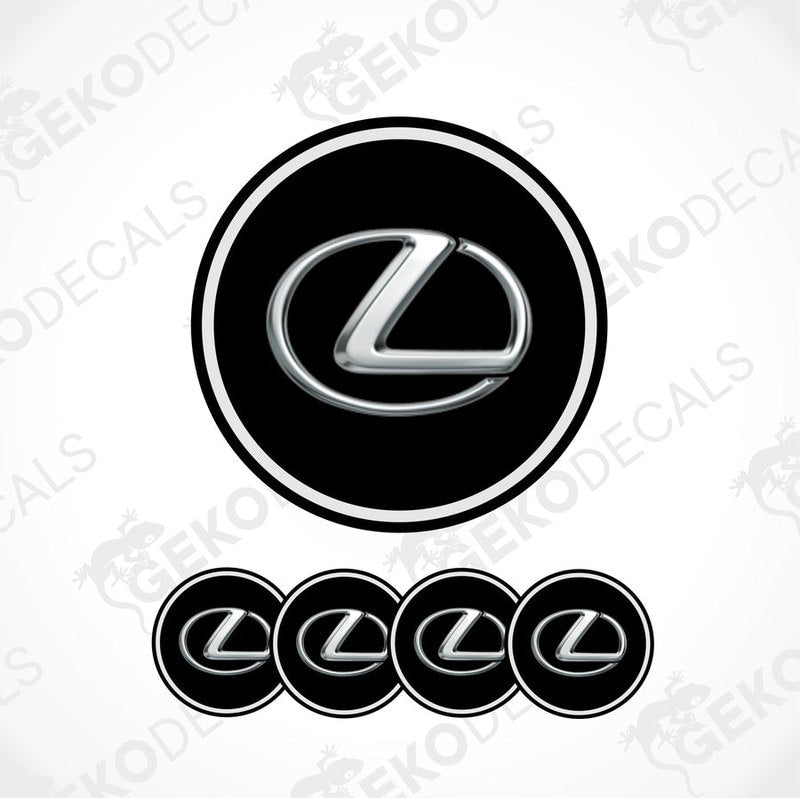Set of four black vinyl decals with the LEXUS logo, designed for use as car wheel caps.