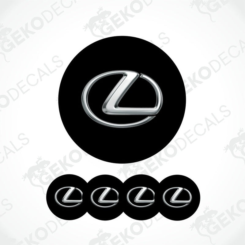 Set of four black vinyl decals with the LEXUS logo, designed for use as car wheel caps.