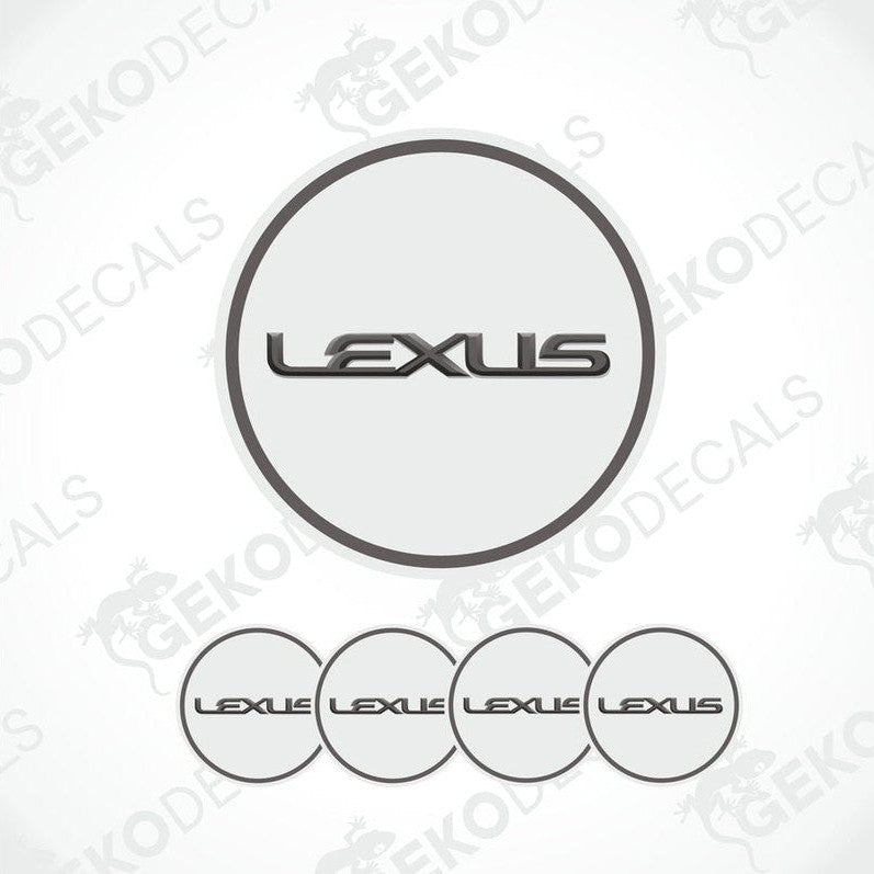 A set of four white vinyl decals with the black LEXUS logo, designed for use as car wheel caps or stickers.