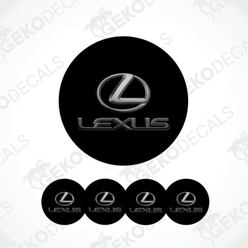 A set of four black round car decals with the grey Lexus logo.
