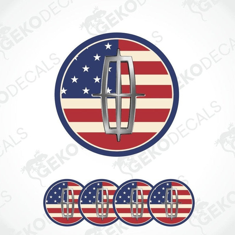 A set of four circular car decals with a patriotic design featuring the American flag and a car lincoln logo.