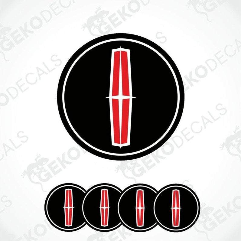 Set of four round black vinyl stickers with the logo "LINCOLN" in white and red in the center