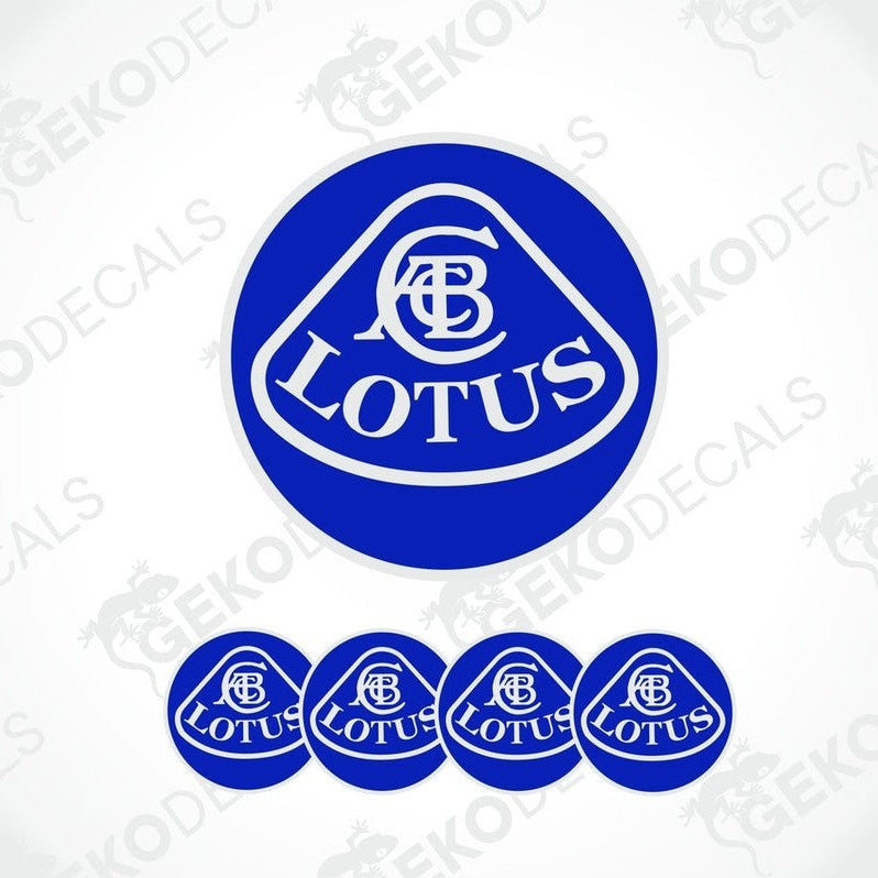 A set of blue vinyl decals with the white LOTUS logo, including four round decals and one larger oval decal.