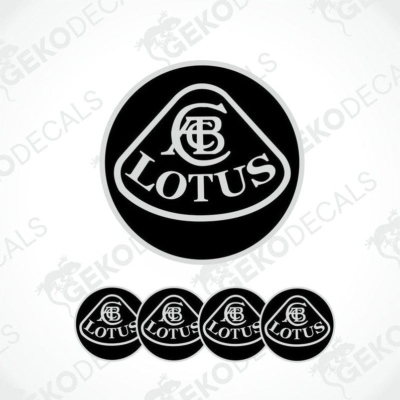 A set of black vinyl decals with the Lotus logo, including one larger emblem and four smaller ones, arranged in a row.