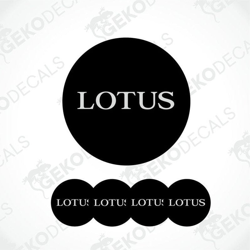A set of four black vinyl decals with the word 'LOTUS' written in white letters.