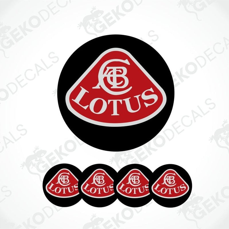 A set of four red, white, and black vinyl stickers with the LOTUS brand logo.