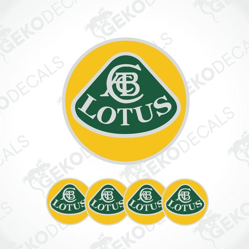 A set of yellow vinyl decals with the green Lotus car logo applied on them.