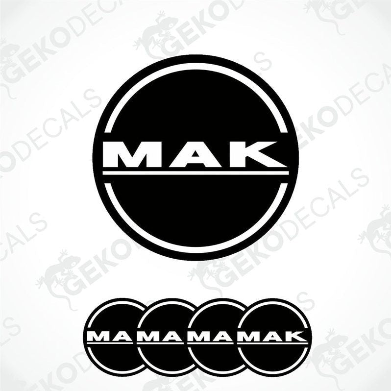 A set of black and white vinyl decals with the text 'MAK' and 'MAMAMAK' arranged in a pattern, indicative of wheel caps or car decals.