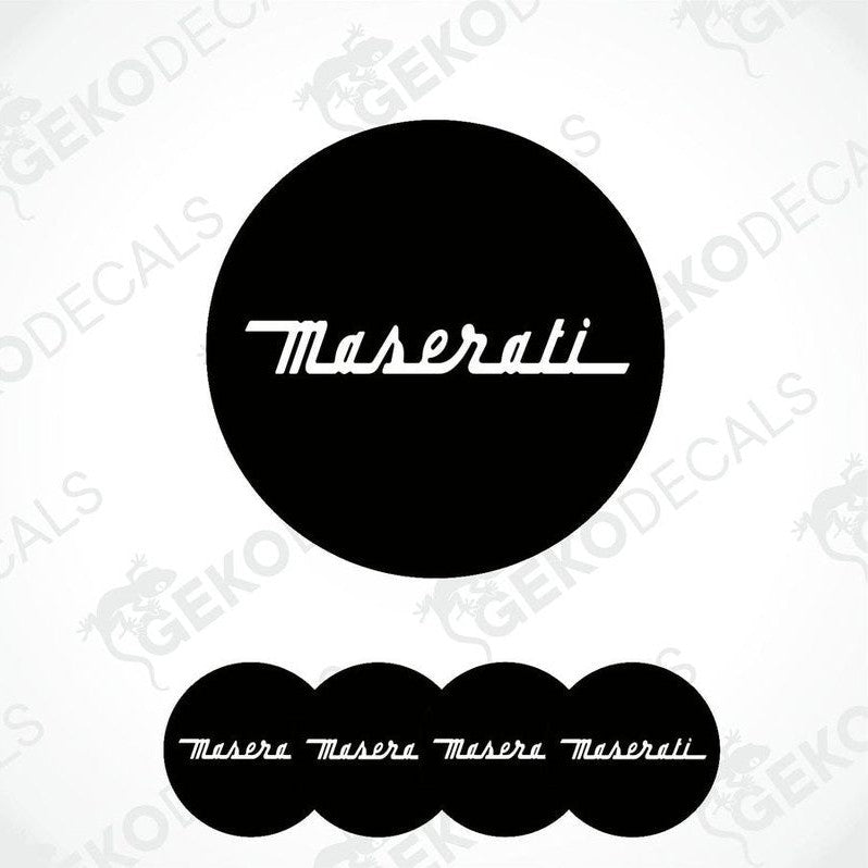 A set of four black vinyl decals with a white Maserati logo, displayed on a white background.