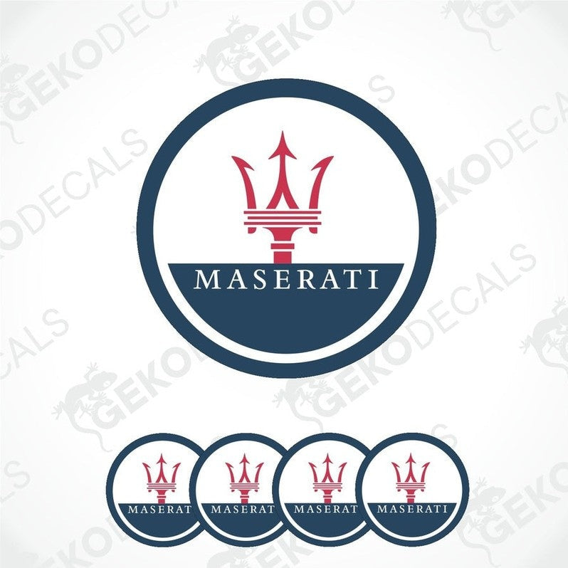 Set of four round vinyl decals with the Maserati logo in red and white on a blue and black background.