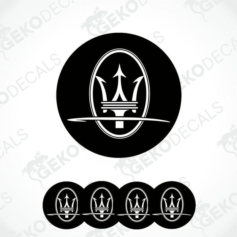 A set of four black vinyl stickers with a geometric design representing the Maserati brand logo.