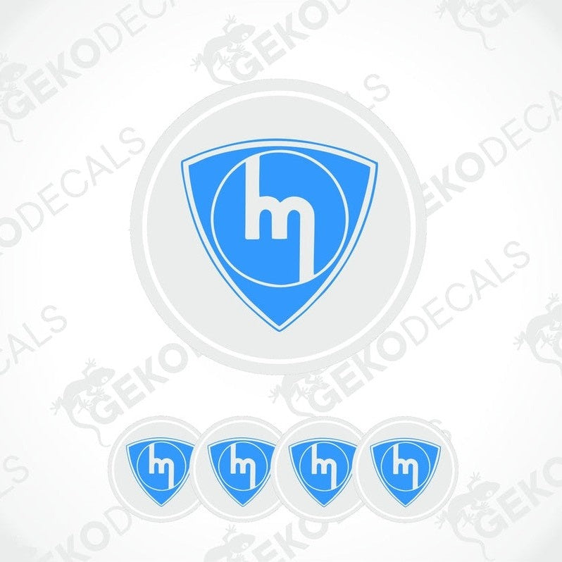 A set of four blue and white car decals with the MAZDA logo.