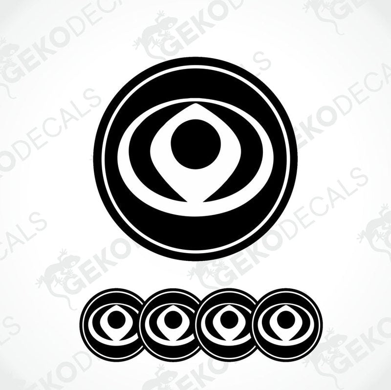 A set of black and white vinyl decals with the Mazda logo, including four different sized stickers.