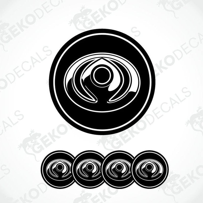 A set of four black vinyl decals with a polyurethane coating and a spiral design, branded for Mazda.