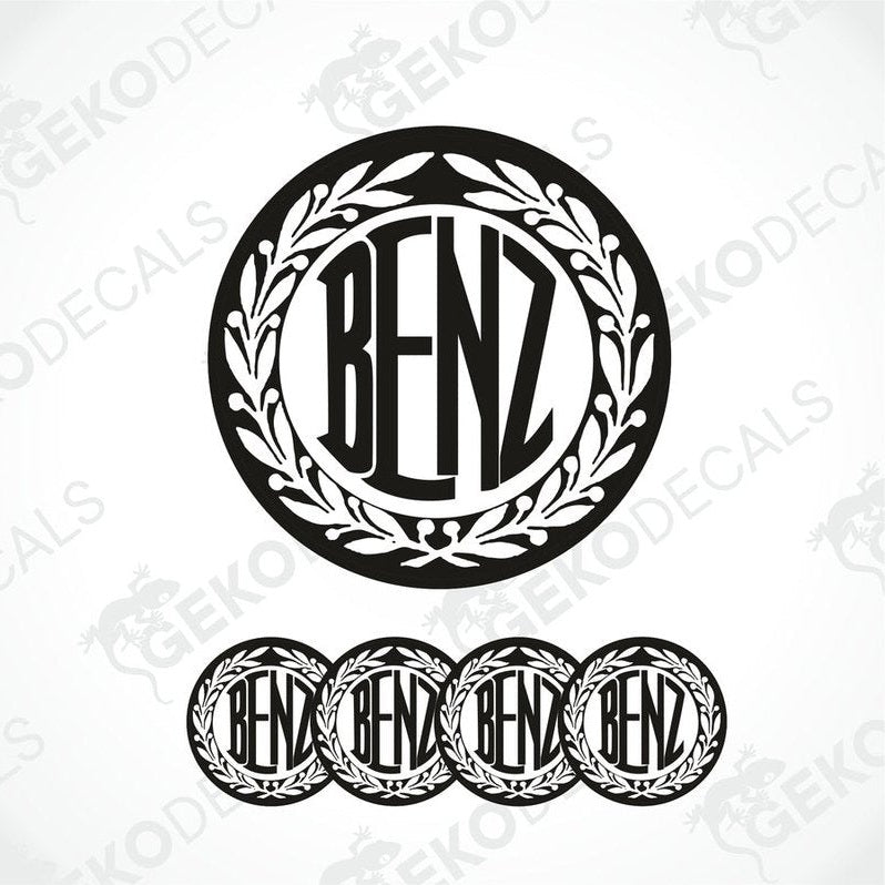 A set of four black vinyl stickers with the word 'MERCEDES BENZ' in a decorative font, designed for use as car decals.