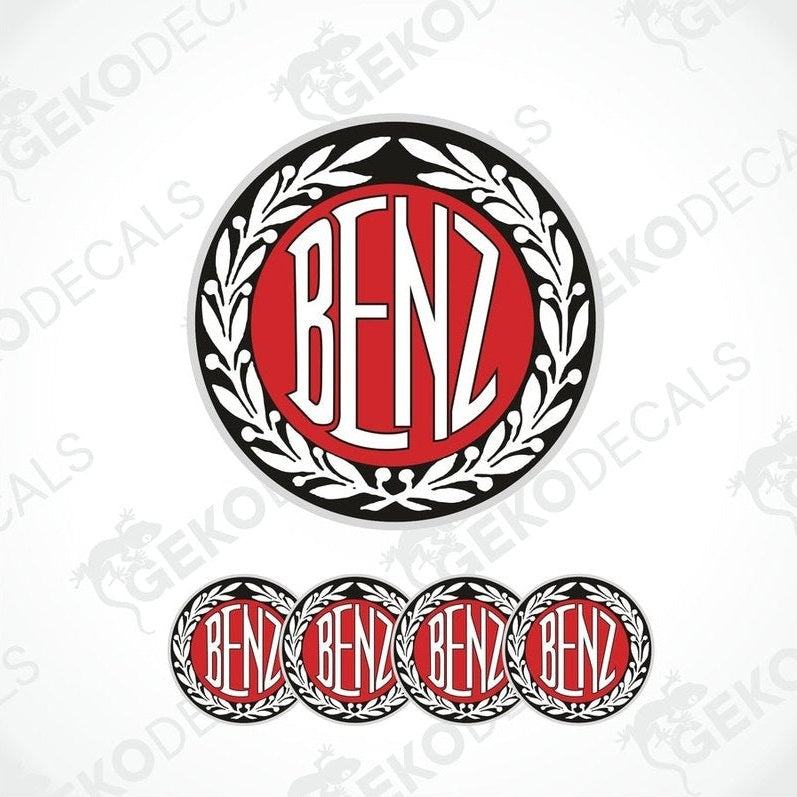 A set of four black and red vinyl stickers with the word 'MERCEDES BENZ' in a decorative font, designed for use as car decals.
