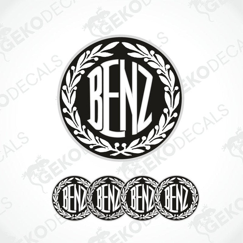 A set of four black vinyl stickers with the word 'MERCEDES BENZ' in a decorative font, designed for use as car decals.