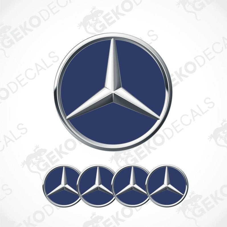 A set of four blue and silver mercedes-benz emblem stickers with a polyurethane coating.