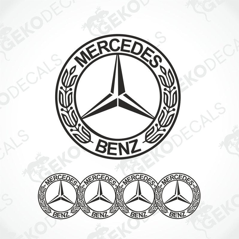 A set of four black and white vinyl decals with a polyurethane coating featuring the Mercedes-Benz star logo.