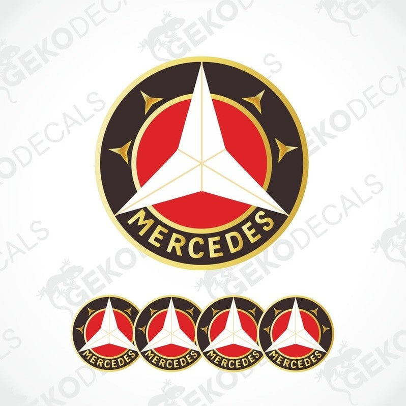 A set of four vinyl stickers with a Mercedes-Benz logo in red, white, and black colors.
