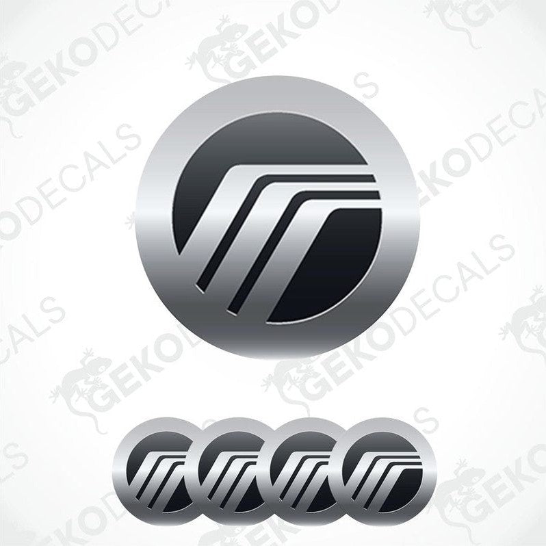 Set of four black and gray polyurethane-coated vinyl stickers designed for use as car wheel covers. With MERCURY logo