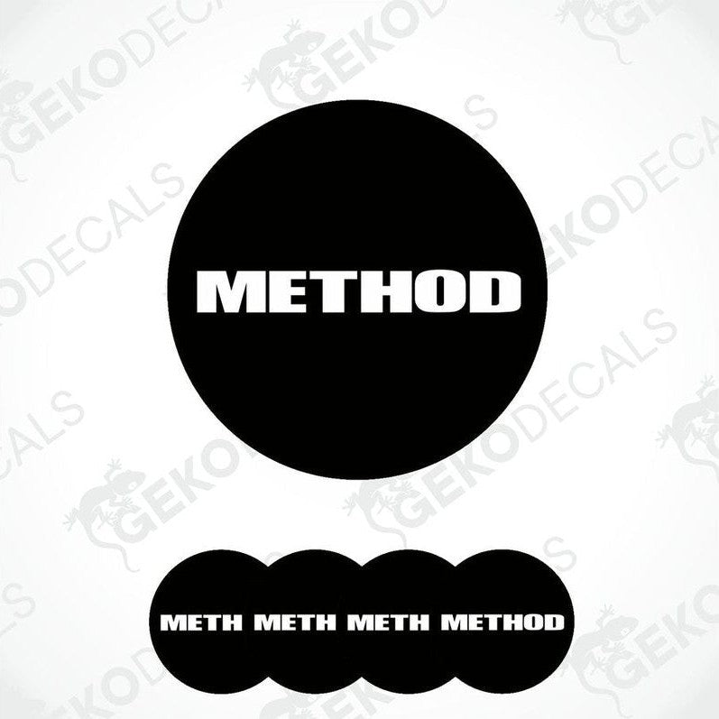 A set of four black vinyl stickers with the word 'METHOD' written in white.