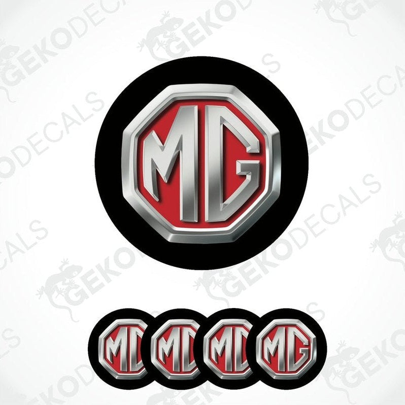 A set of four red, black, and silver vinyl stickers with the MG logo.
