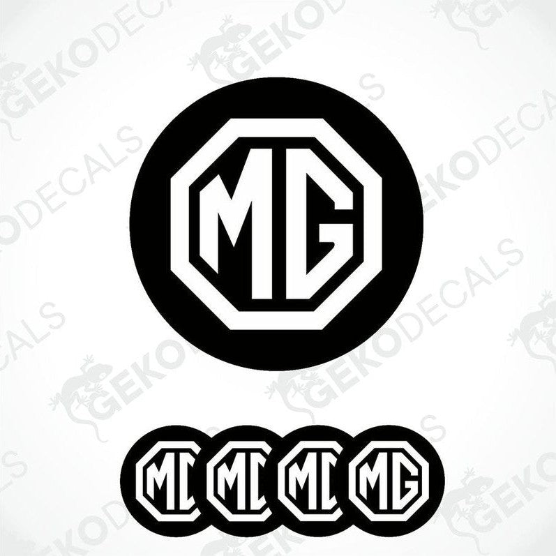 A set of four black and white vinyl decals with the MG logo, designed for use as car wheel caps or domed stickers.