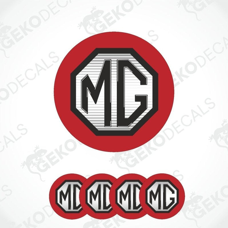 A set of four red round car decals with the white MG logo in the center.