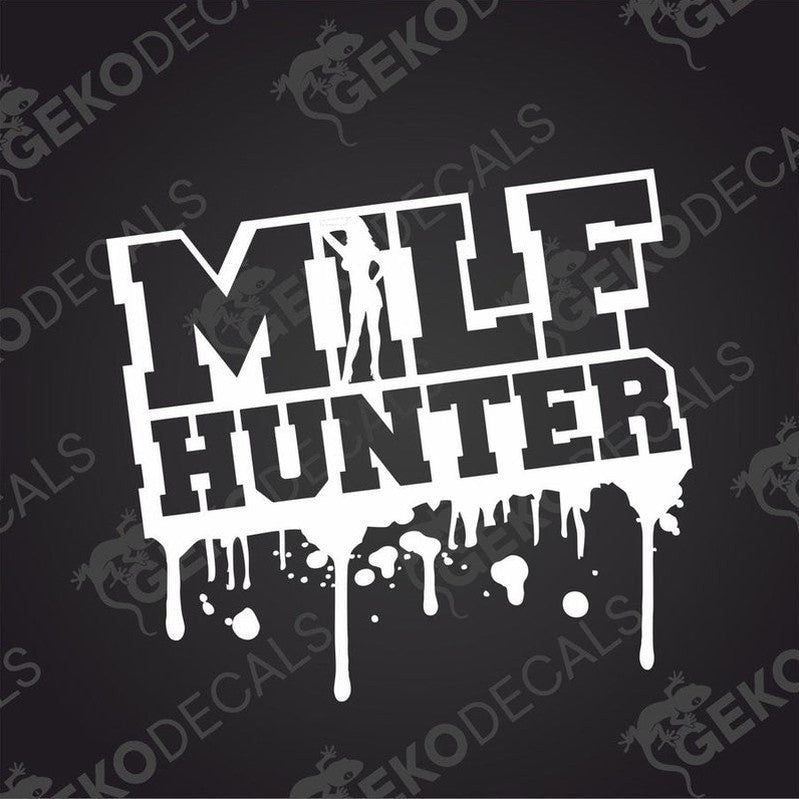 This image displays a bold and eye-catching car sticker named "MILF HUNTER". The sticker features a striking design with white text over a black background, designed for use on car windows and bumpers.