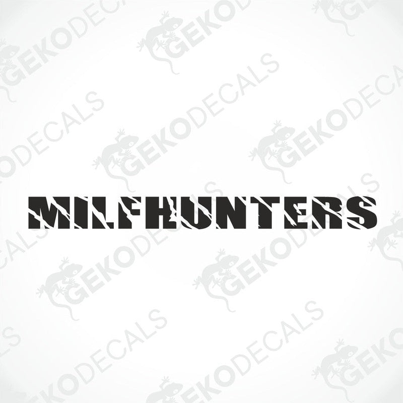 Black car windshield sticker with cut-out text MILFHUNTERS